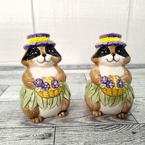 Raccoon Salt Pepper Shakers Hawaiian Hula Outfit Ceramic Anthropomorphic Otagiri